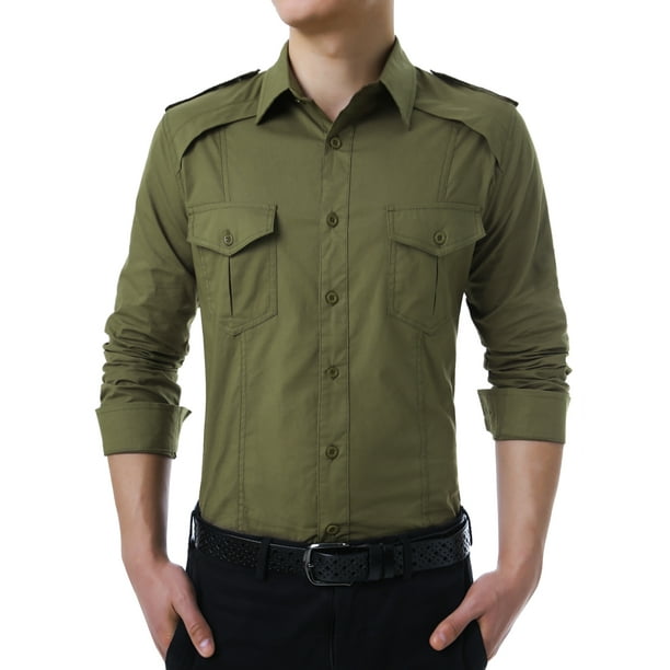 YYear Mens Pockets Button Up Basic Long Sleeve Military Shirts 